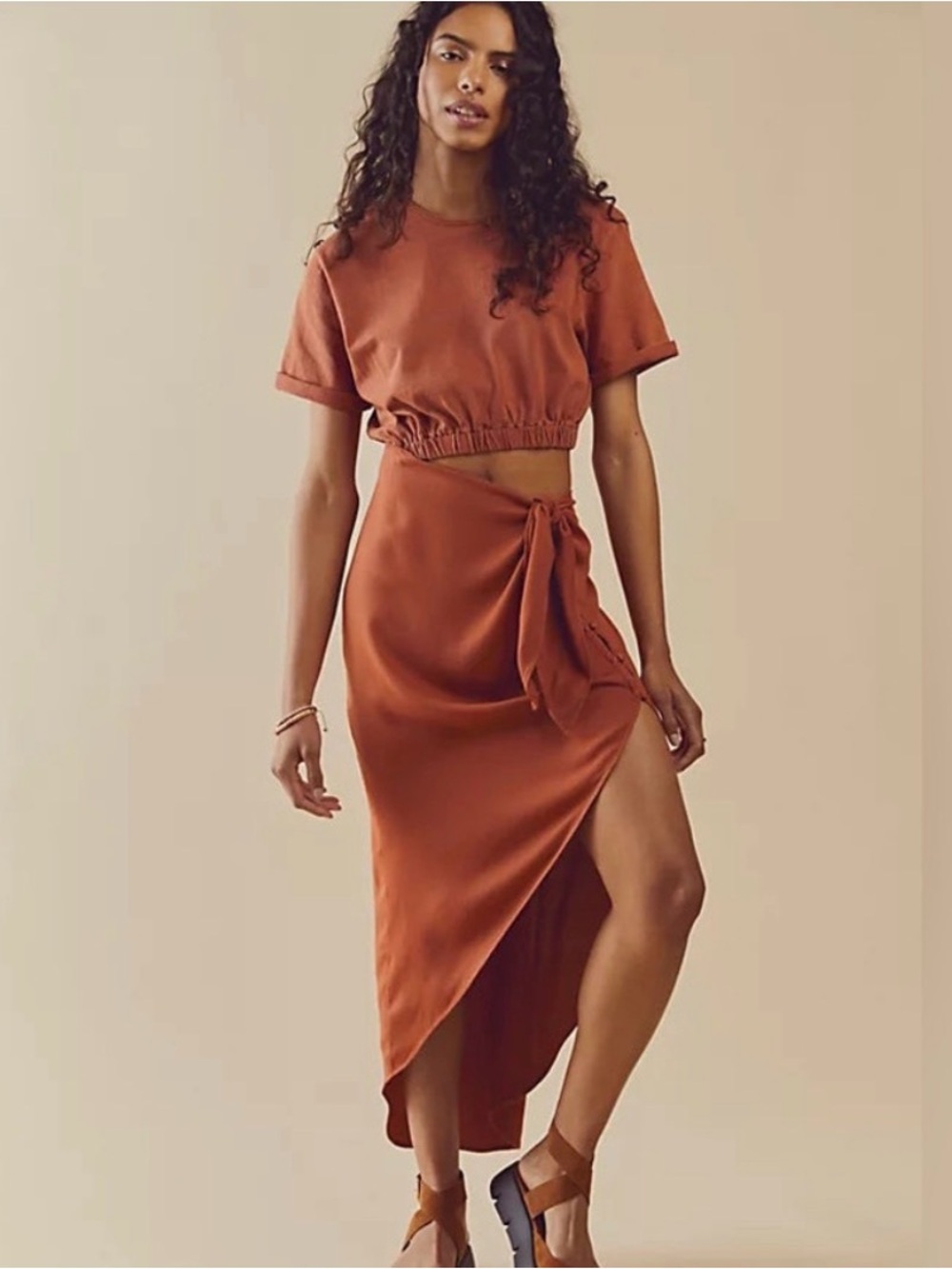 Free People High-Low Wrap Skirt in Rust Brown